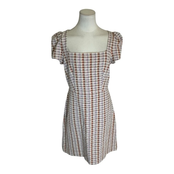 ANN TAYLOR Madras Plaid Puff Sleeve Flare Dress Orange Pink SZ 4 Work Party Mini - Picture 5 of 11